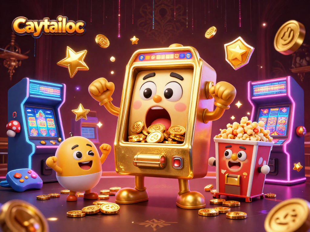 Caytailoc slot machine celebrates a jackpot win, surrounded by cheering mini slot companions and vibrant gaming elements.