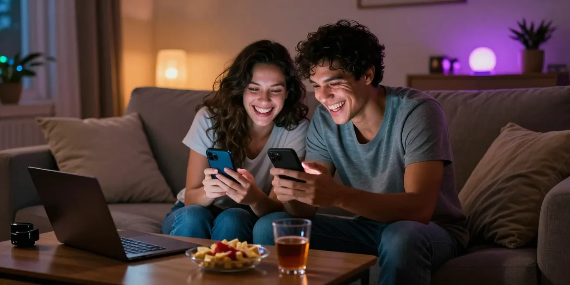 Couple enjoying ai sexting on smartphones in a cozy living room.