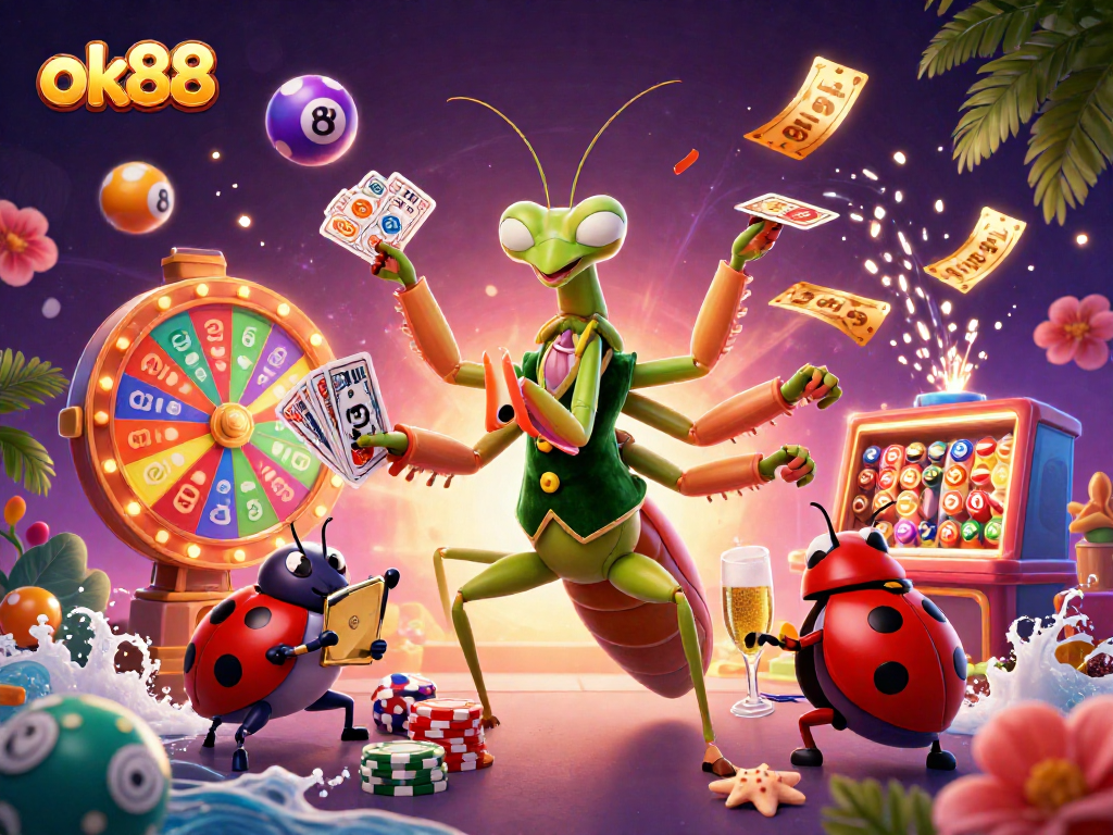 Play games and win big at ok88 with dynamic colorful lottery elements and engaging casino characters.