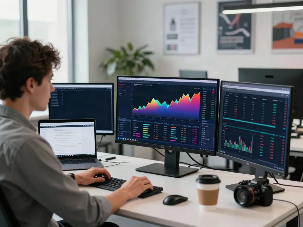 Trader using MetaTrader 5 on multiple screens in a modern office environment
