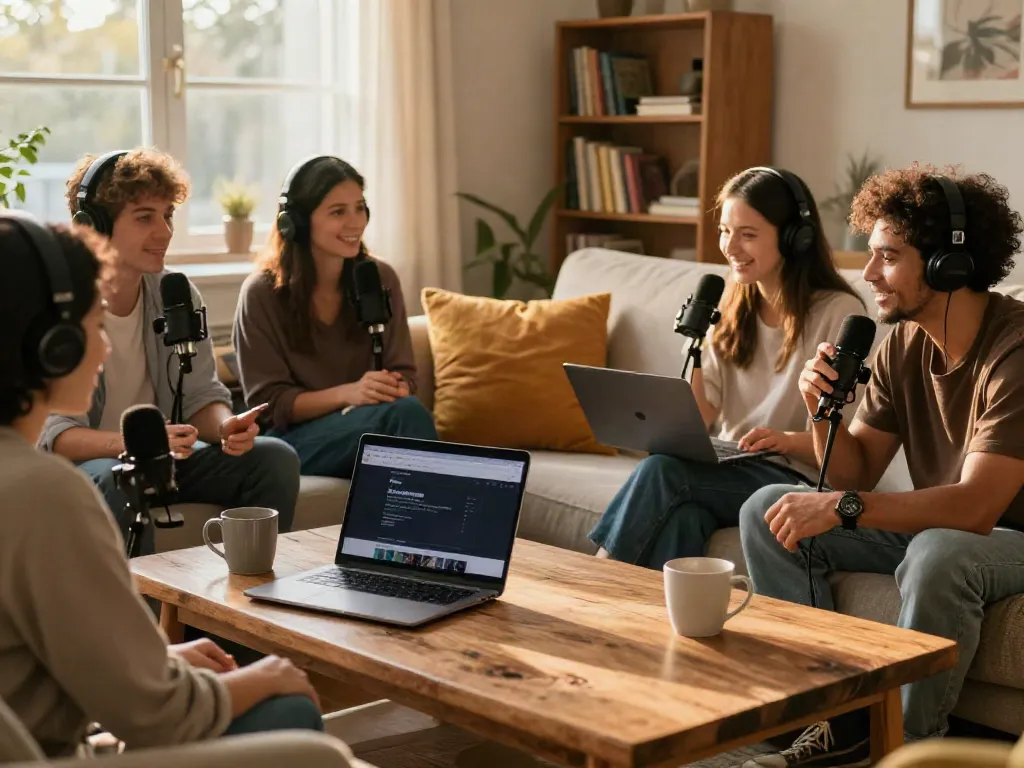 Listen to this podcast scene of friends enjoying a podcast together in a cozy living room.