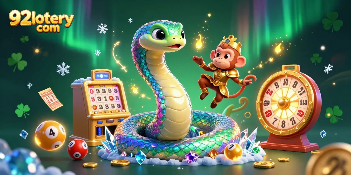 Engage in exciting lottery action with 92lottery com's colorful illustration of a serpent and monkey!