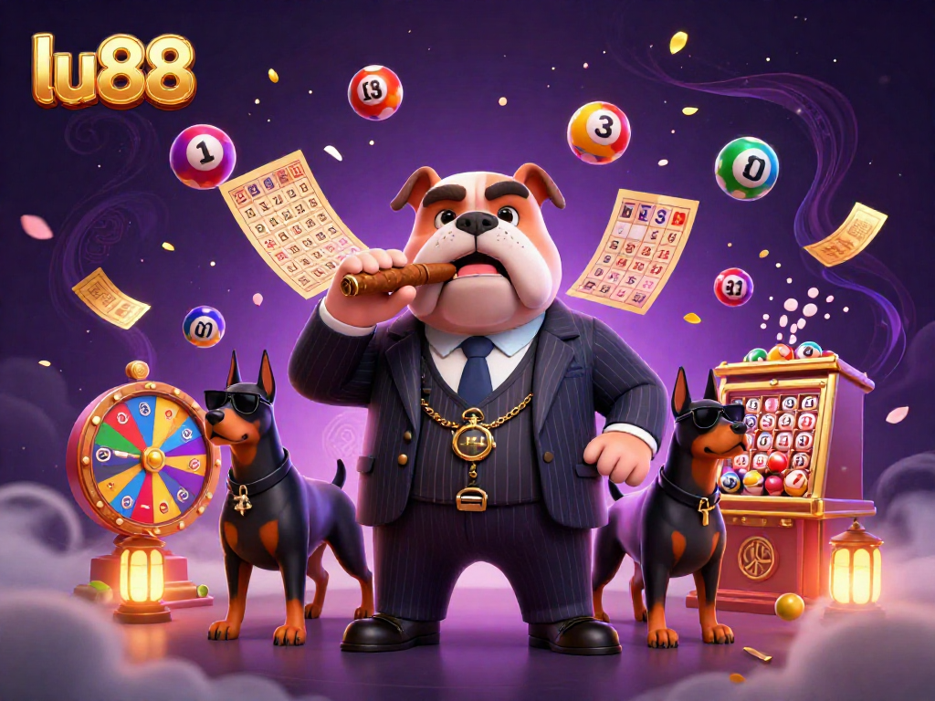 Experience thrilling gameplay at lu88 with a dynamic cartoon scene showcasing a mafia bulldog boss surrounded by exciting lottery elements.