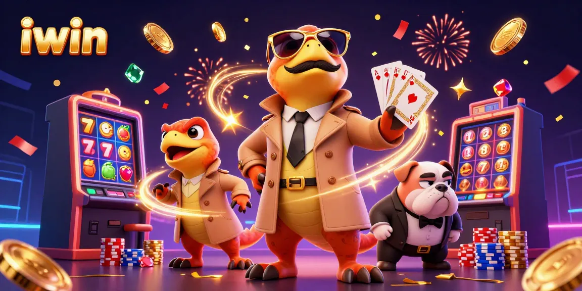 Spin winning reels and gold chips at iwin casino with cartoon raptors in action.