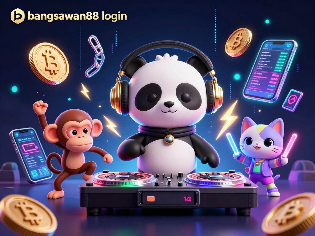 Engage with bangsawan88 login and join the lively casino scene featuring a DJ panda, dancing monkey, and glowing kitten.