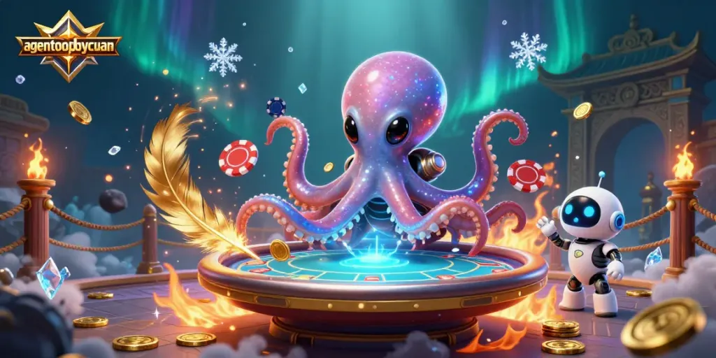 Engage in thrilling poker action with agentotoplaycuan in this vibrant 3D casino illustration.