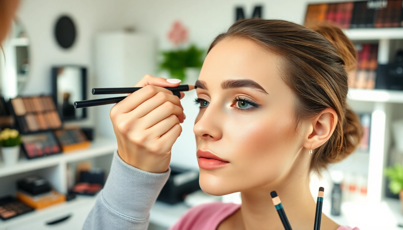 Applying pencil eyebrows with precision, showcasing artistry and beauty in a bright makeup studio.