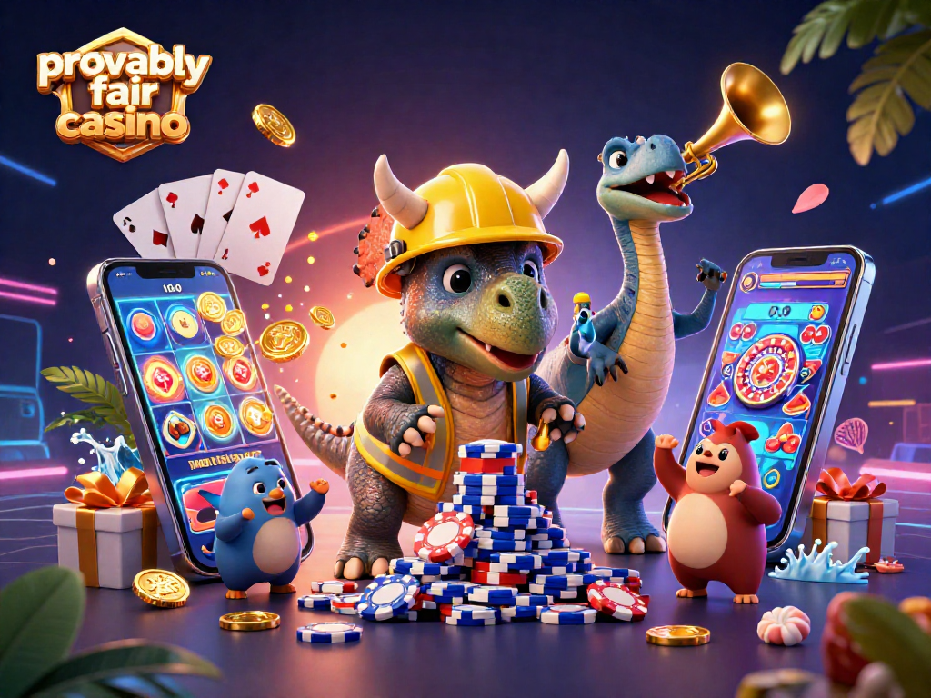 Experience a lively provably fair casino scene with animated characters celebrating online gaming.