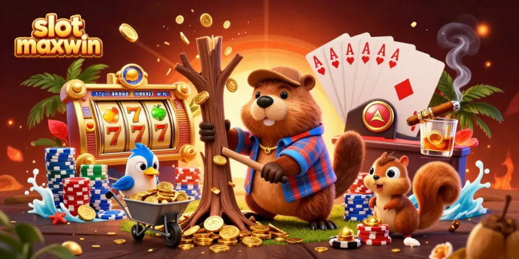 Spin for slot maxwin with a cheerful lumberjack beaver collecting golden coins!