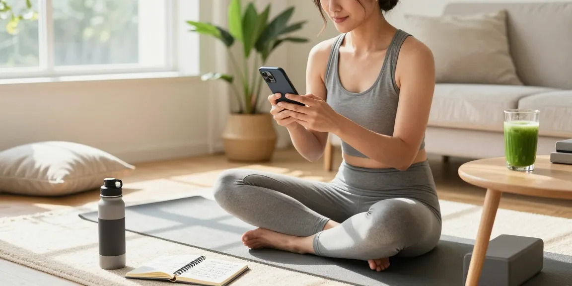 ブラビオンSの口コミを調べる女性が、明るいリビングでリラックスしている様子。
