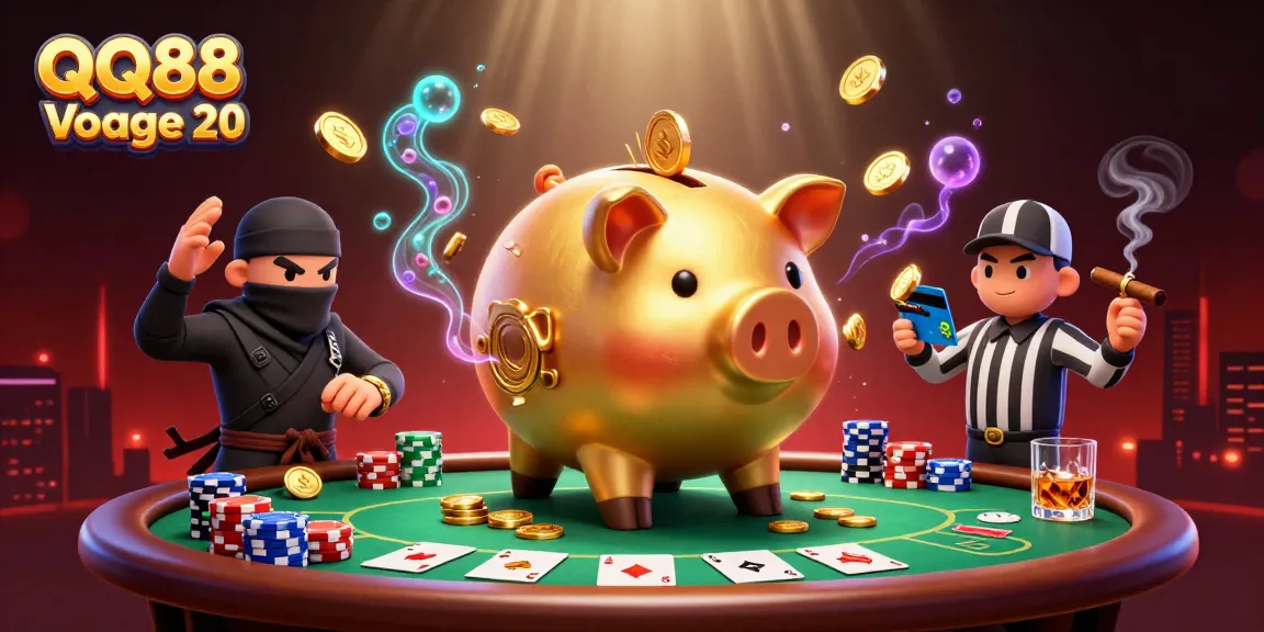 Engage in high-stakes action with QQ88 Voyage 20 as the golden piggy bank sumo wrestler shakes coins everywhere.