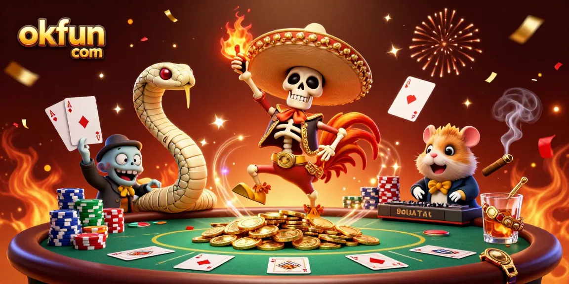 Join the gaming fun at okfun com with a triumphant mariachi skeleton celebrating winnings amidst vibrant casino elements.