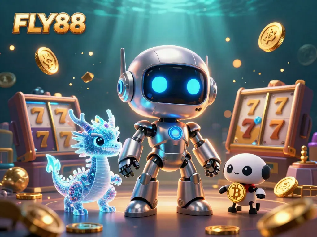 Experience the thrilling atmosphere of FLY88 with captivating slot reels and dynamic characters in a vibrant scene.