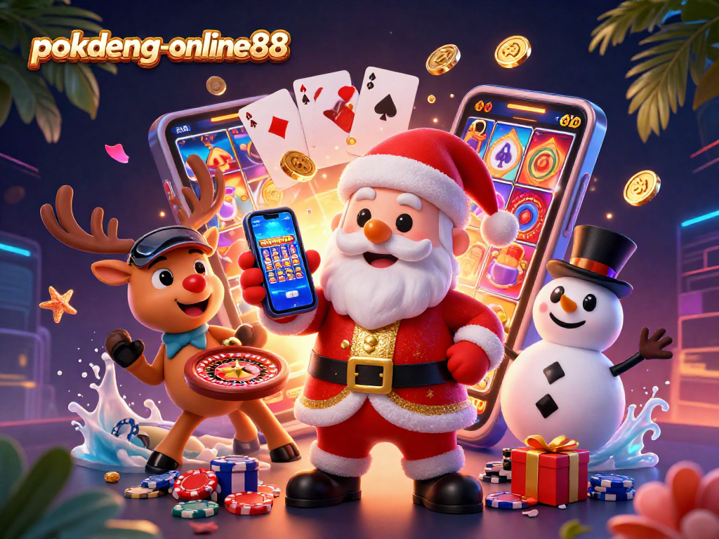 Experience the thrill of slots with pokdeng-online88 featuring Santa and friends in a vibrant casino setting.