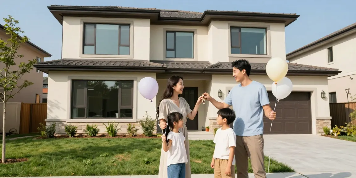 A family celebrating their new home with Woning-unie keys in front of a modern residential property.