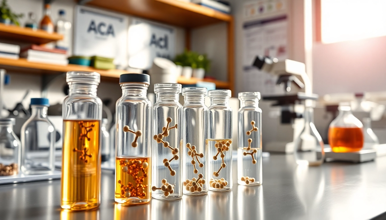 High compound research peptides displayed in a lab setting with test tubes and glassware.