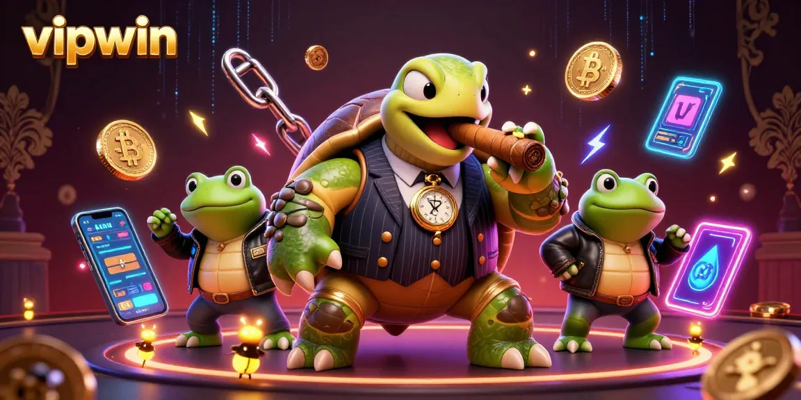 Join the fun at vipwin with a thrilling casino scene featuring a mobster turtle and bullfrog enforcers.