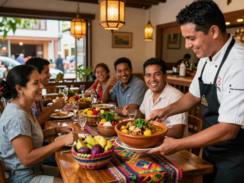 Delicious bowl of best sancocho colombiano near me served in a vibrant Colombian restaurant with joyful patrons enjoying traditional dishes.