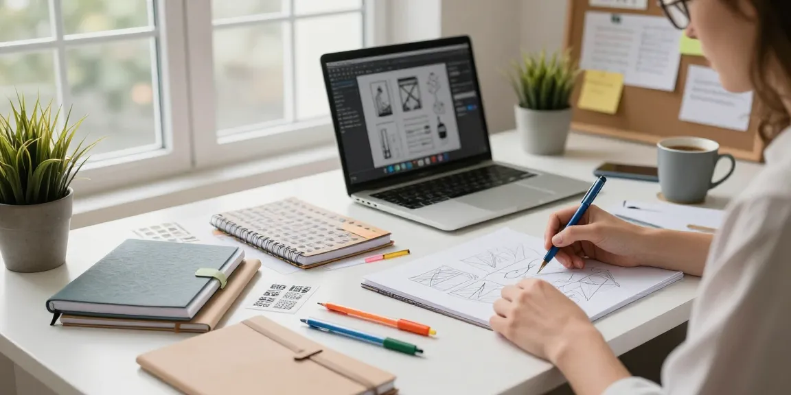 Designing custom printed notebooks in a creative workspace with sketches and samples.