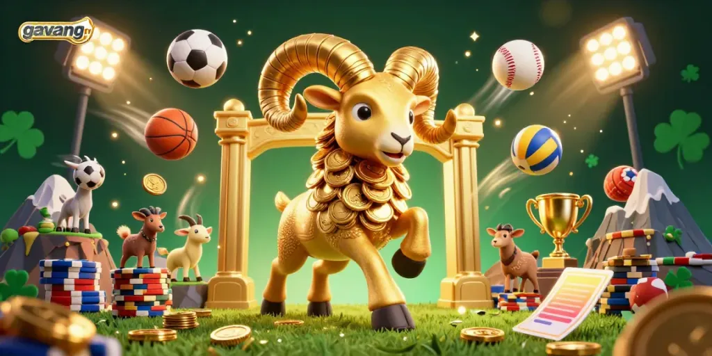 Engage with live sports on GavangTV, featuring a golden ram charging through gold coins and sports elements.
