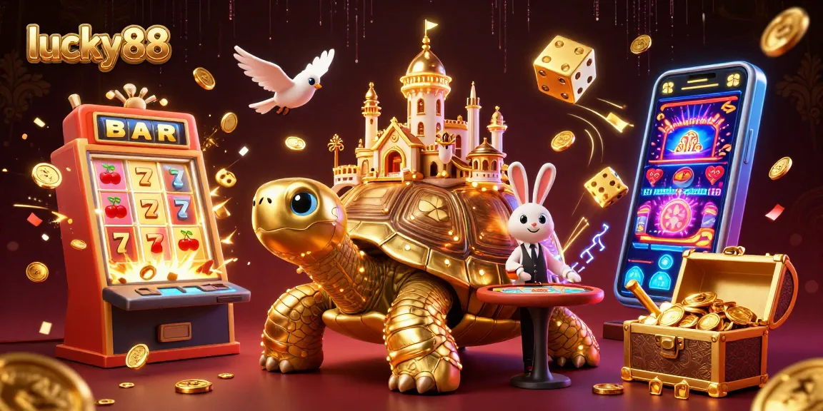 Experience lucky88 with a vibrant scene of a golden tortoise casino, exciting slot machines, and a rabbit dealer!