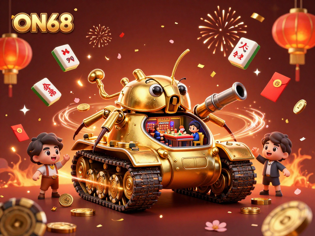 Experience the excitement of ON68 with a vibrant casino scene featuring a golden beetle tank and festive elements.