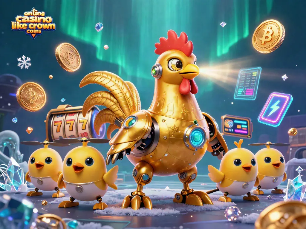Engage with dynamic gameplay at an online casino like Crown Coins, featuring vibrant slot reels and a unique robotic mascot.