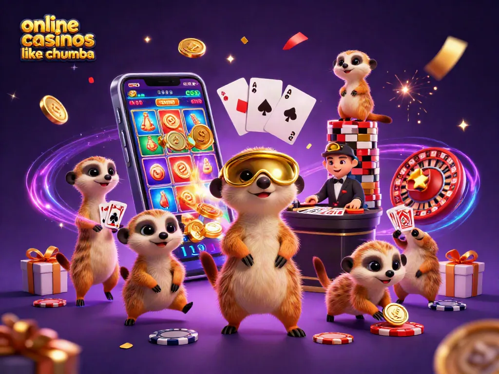 Experience excitement at online casinos like Chumba, featuring fun gameplay with meerkats in a vibrant casino setting.