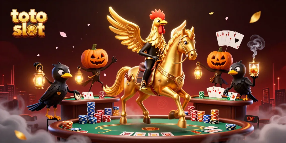 Gali kemenangan menggunakan toto slot dalam ilustrasi kasino penuh warna dengan karakter unik dan elemen permainan.