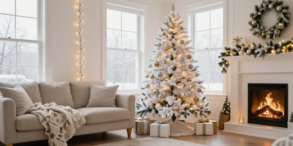 Elegant white artificial Christmas tree in a beautifully decorated living room.