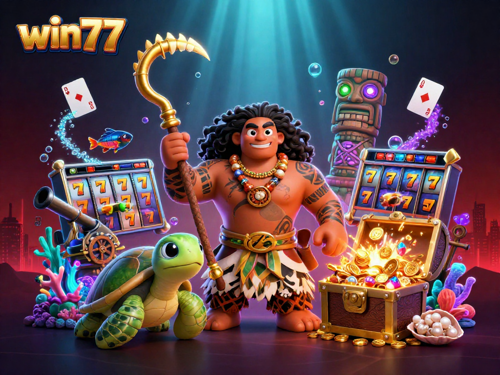 Menangkan jackpot di win77 dengan ilustrasi ikonik petualangan kasino 3D.