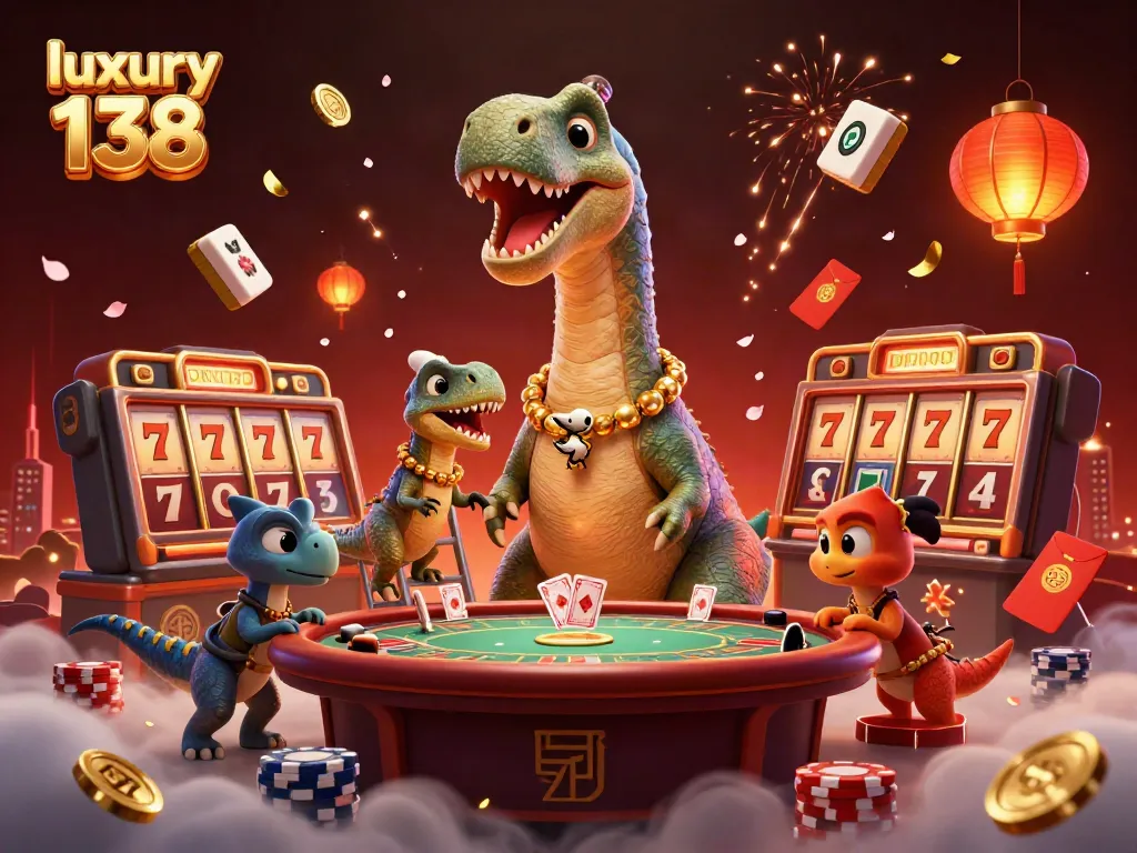 Engage with luxury 138 at a vibrant casino scene featuring a playful dinosaur dealer amidst spinning slots and poker chips.