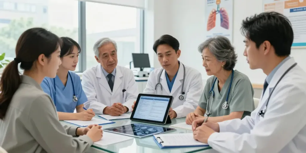 Lung cancer care: Multidisciplinary team discussing treatment plans in a modern clinic.