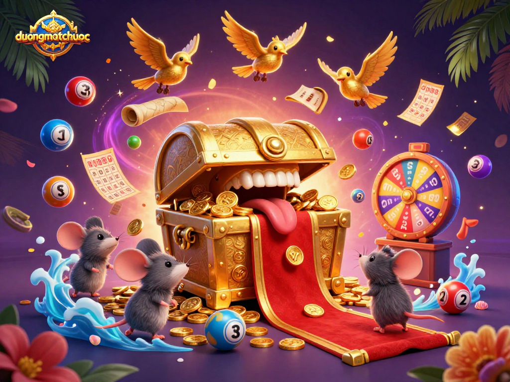 Experience the excitement of duongmatchuoc in a vibrant 3D casino scene filled with alluring treasures and dynamic game elements.