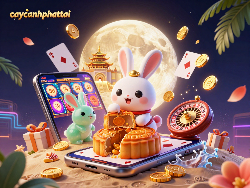 Caycanhphattai showcases a lively scene with a moon rabbit and jade rabbit immersed in gambling activities amidst vibrant casino elements.