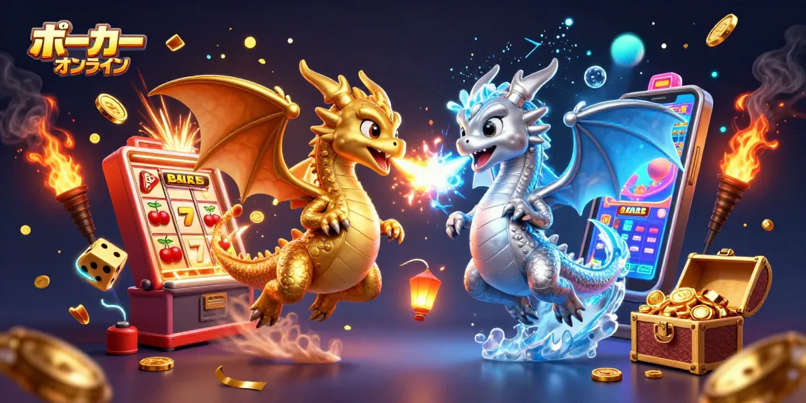 ポーカー オンラインで楽しむために、火と氷のドラゴンが絡み合うシーンのダイナミックなイラスト