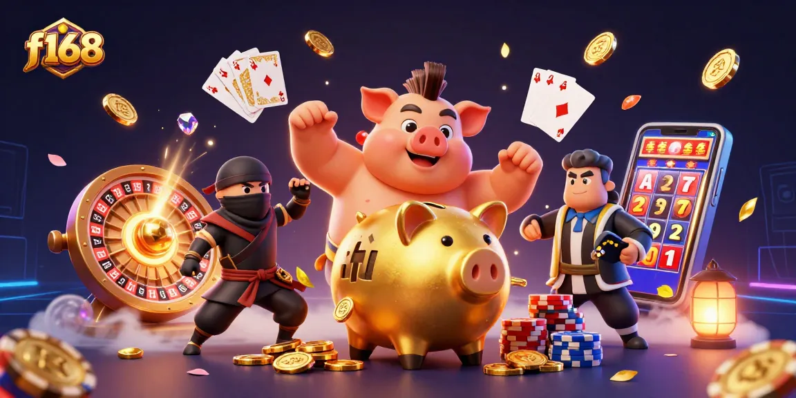 Experience thrilling moments at f168 with a dynamic scene featuring vibrant casino characters and golden rewards.