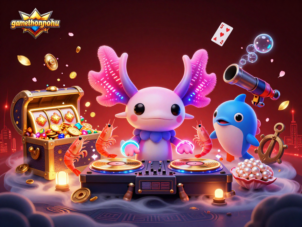 gamethuongnohu showcases a vibrant online casino scene with an axolotl DJ and animated shrimp.