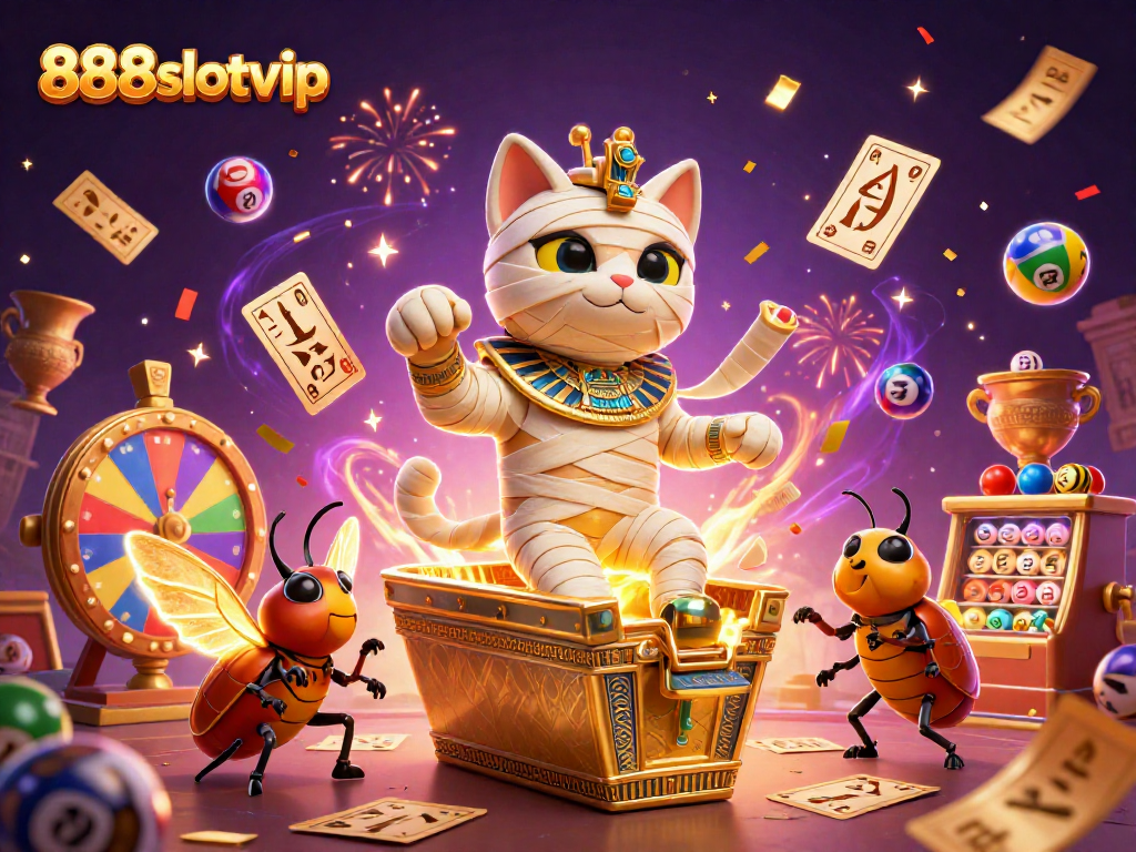 Experience 888slotvip's thrilling gaming adventure with a vibrant Egyptian-themed illustration full of exciting elements!