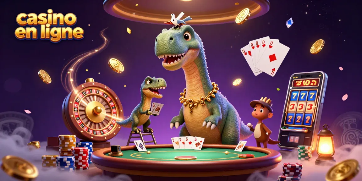 Illustration casino en ligne avec un brontosaure, un raptor et des cartes au poker.