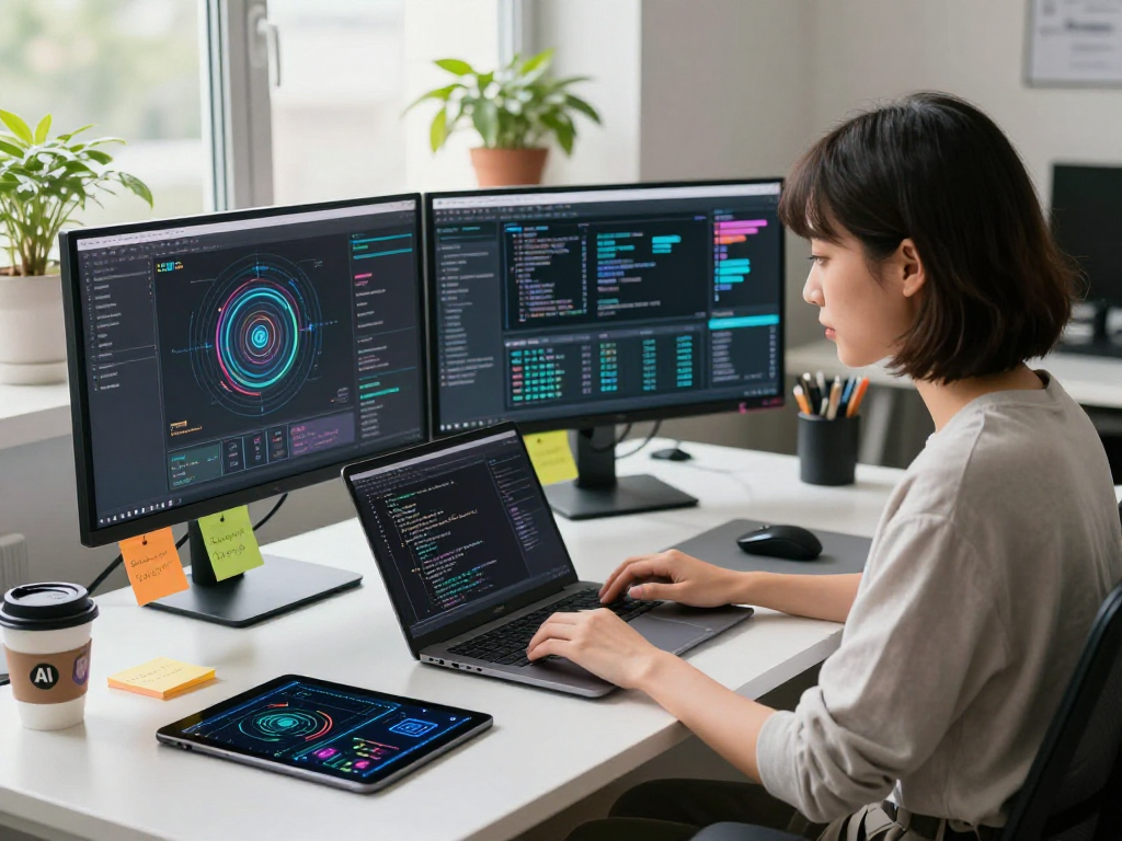 A young woman coding AI models in a modern workspace, showcasing the concept of ai gf in a vibrant tech environment.