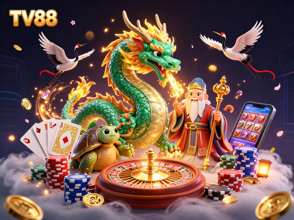 Play at TV88 and win big with a magical illustration of casino elements and fortune symbols.