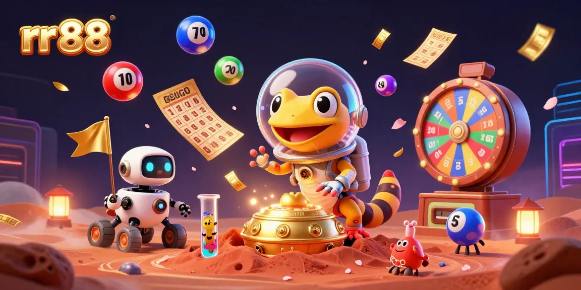 Experience exciting wins at rr 88, featuring a vibrant scene with lottery elements and a Martian gecko.