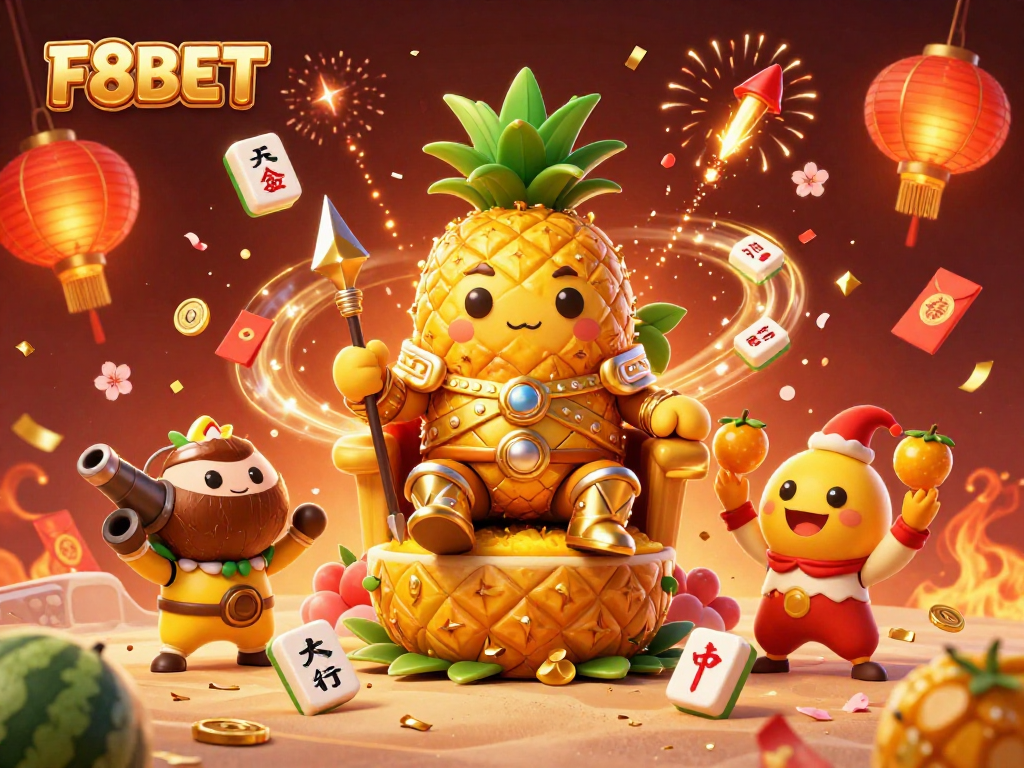 Play slots and win at F8BET with vibrant casino fun featuring a golden pineapple king.
