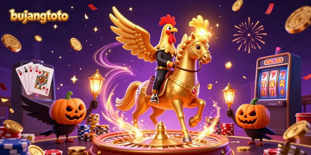 Bujangtoto showcases a vibrant casino scene featuring a golden rooster and lantern-carrying crows amidst dynamic gaming elements.