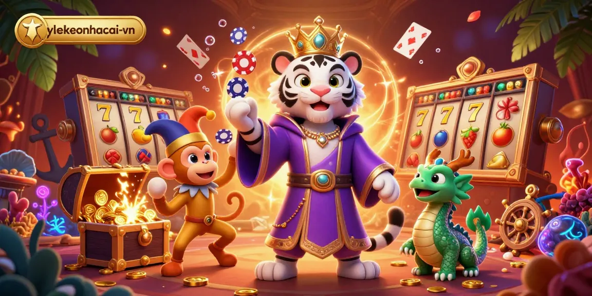 Tylekeonhacai-vn showcases a vibrant casino scene with a white tiger, golden monkey, and jade dragon involved in a thrilling gaming atmosphere.