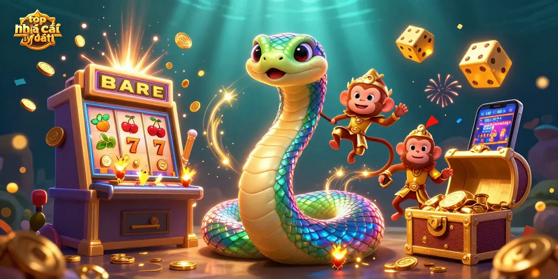 Engaging illustration showcasing top nhà cái uy tín with vibrant colors, featuring a rainbow serpent and monkey king amid casino games.