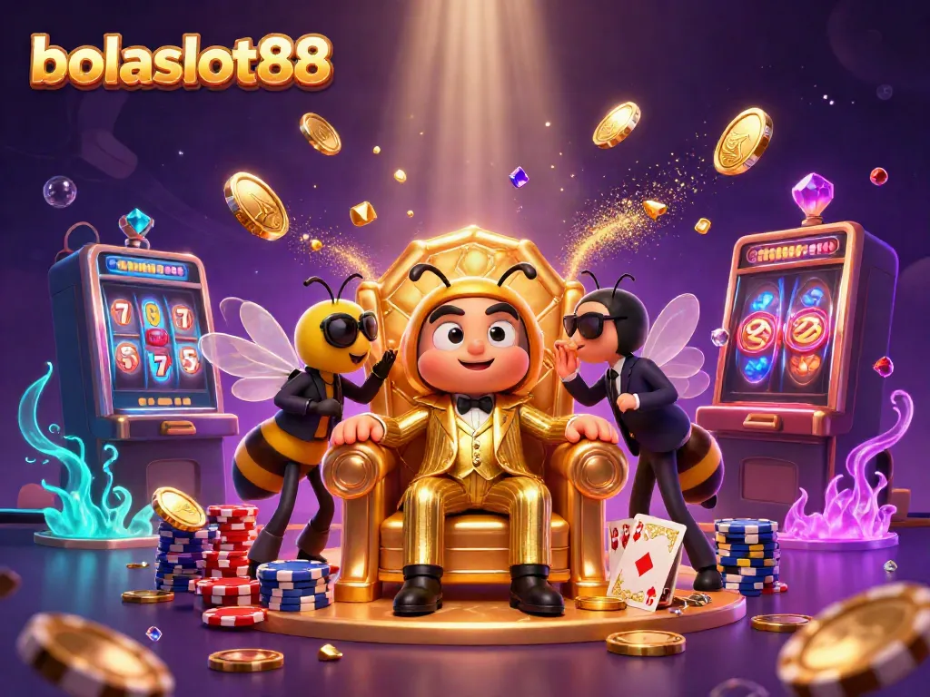 Experience the vibrant world of bolaslot88 with a cartoon mob boss surrounded by golden coins, slot reels, and magical elements.