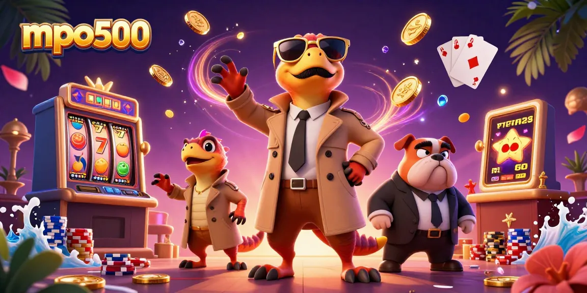 Experience mpo500 with raptors in a trench coat entering a VIP casino amidst a jackpot of slots.