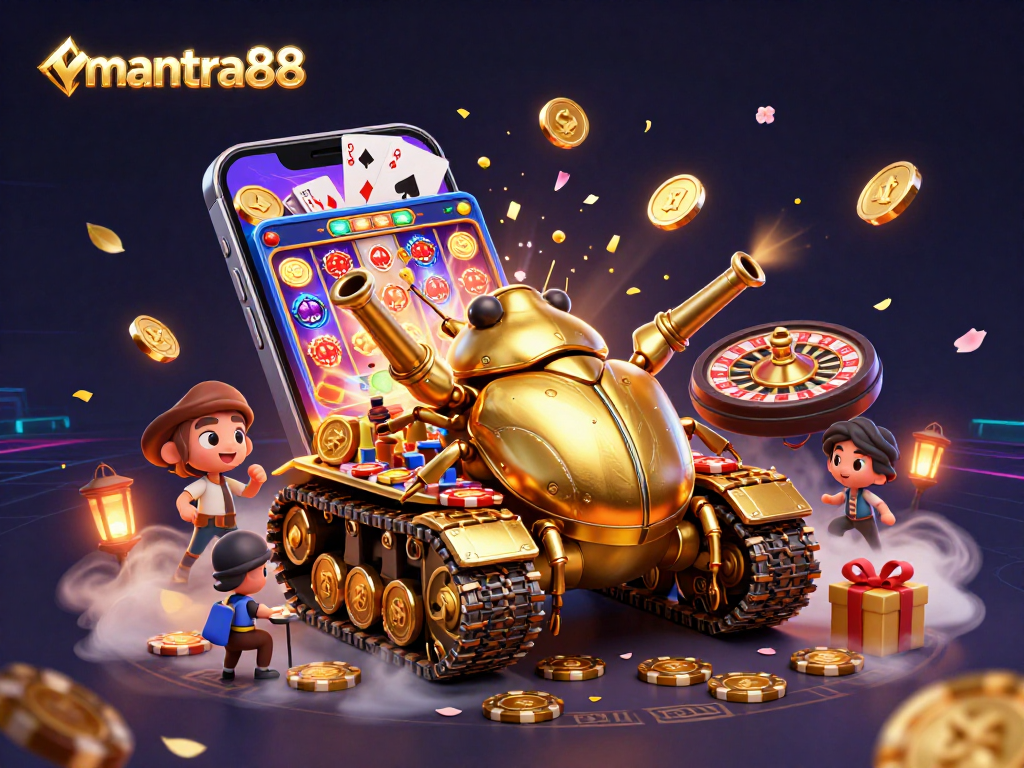 Experience the thrill of mantra88's gaming universe with a dynamic golden beetle tank revealing an exciting casino inside.